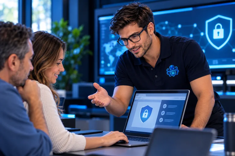 Nestor guides two participants through a cybersecurity workshop.