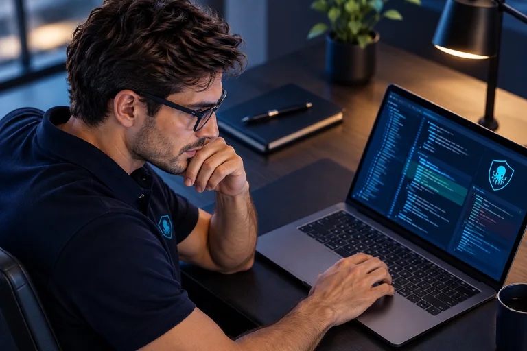 Nestor reviews application code on his laptop.