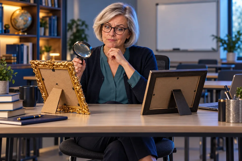 Dans une salle de cours, Anna-Maria examine deux cadres ; le plus luxueux est en carton.