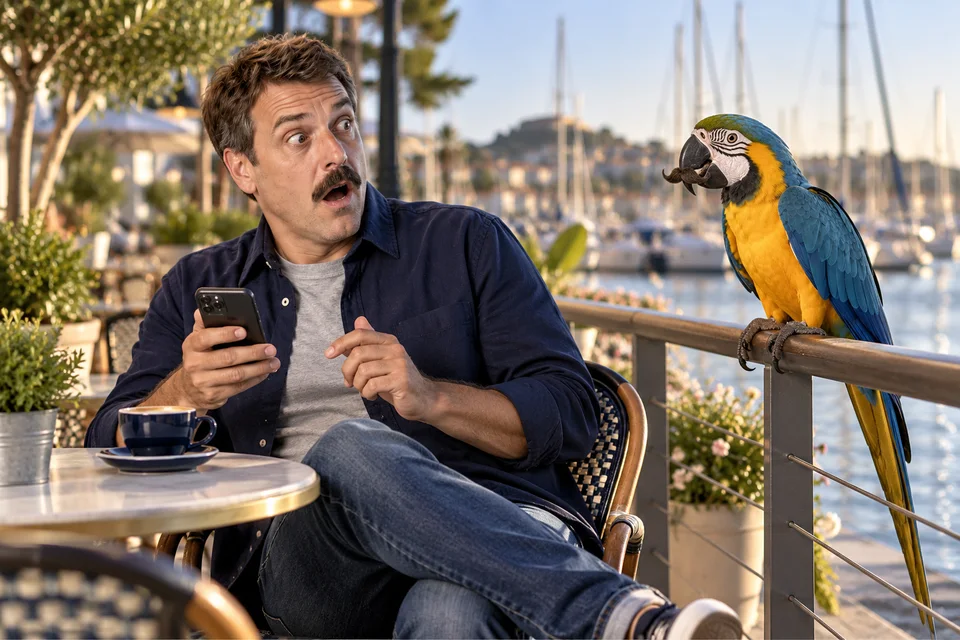 Au café du port, Bruno écoute son téléphone près d’un perroquet à fausse moustache.