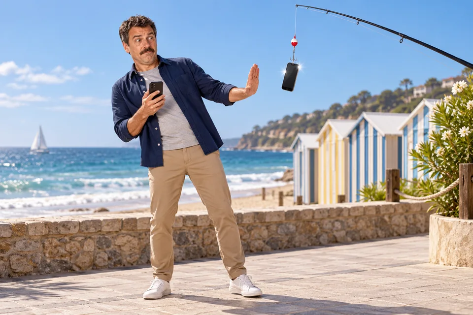 Bruno, debout en bord de mer, refuse un téléphone-appât suspendu à un hameçon.