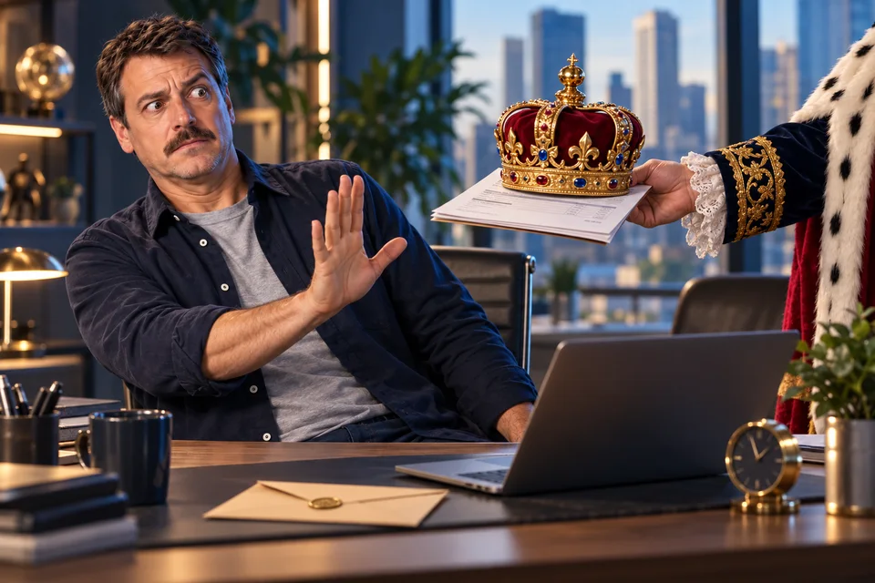 Au bureau, Bruno arrête une demande de paiement accompagnée d’une couronne extravagante.