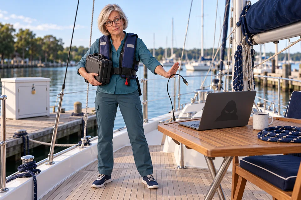 Sur un bateau à quai, Anna-Maria garde un boîtier de sauvegarde séparé du portable suspect.