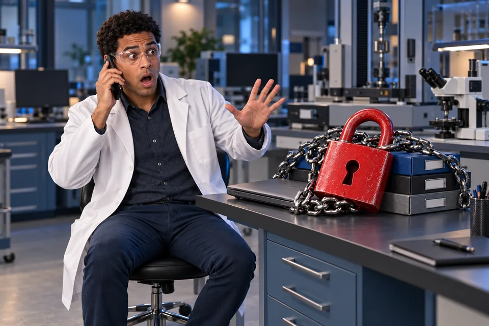 Au laboratoire, Alex appelle à l’aide devant des dossiers prisonniers d’un cadenas géant.