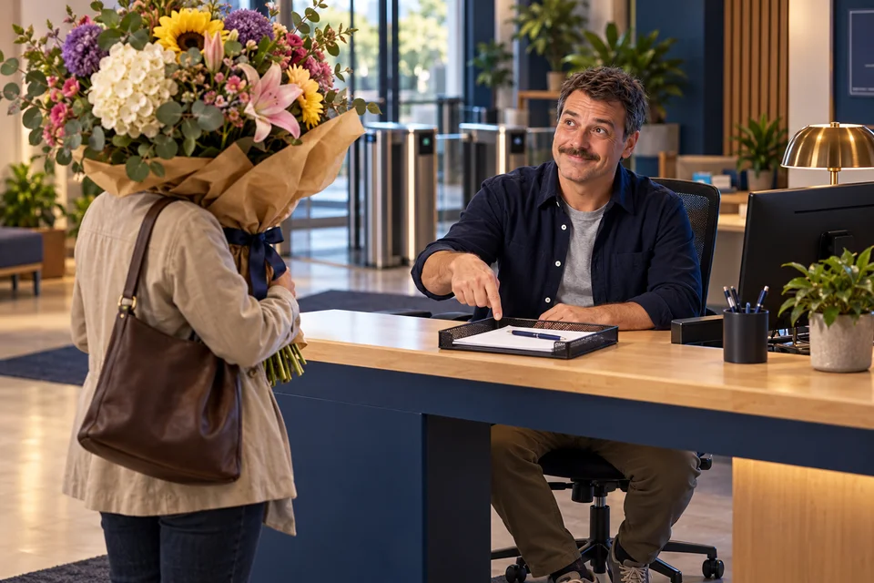 À l’accueil d’une école, Bruno fait passer par l’enregistrement un visiteur caché derrière ses fleurs.