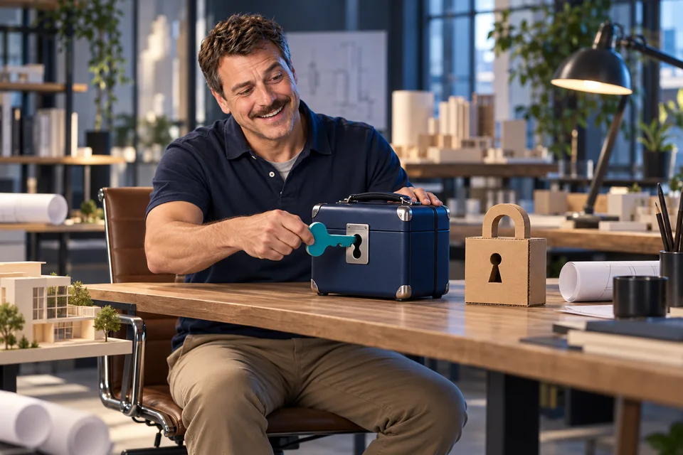 Dans un atelier d’architecture, Bruno utilise la bonne clé ; une serrure en carton ne correspond pas.