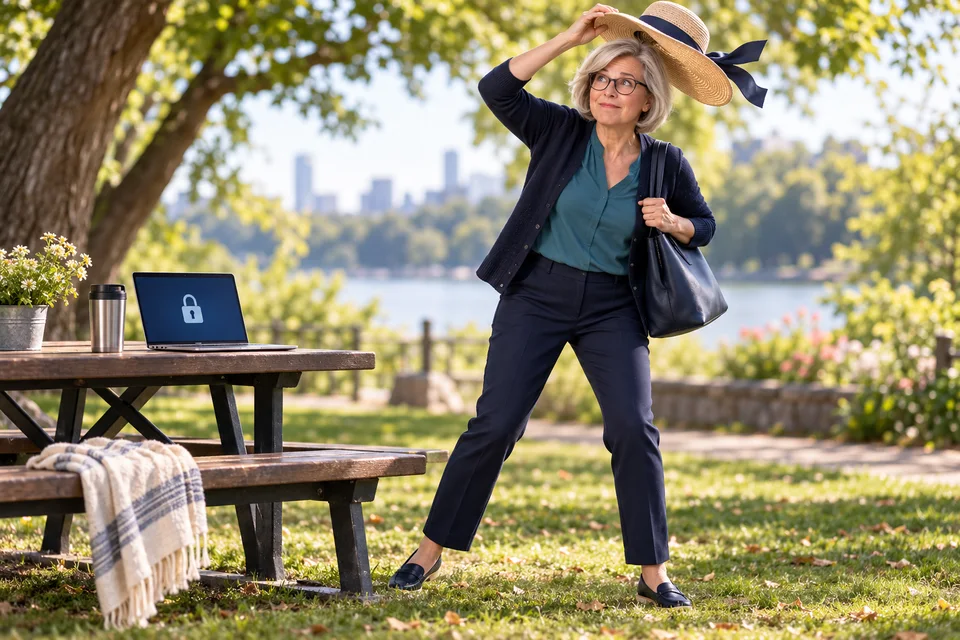 Dans un parc, Anna-Maria verrouille sa session avant de rattraper son chapeau.