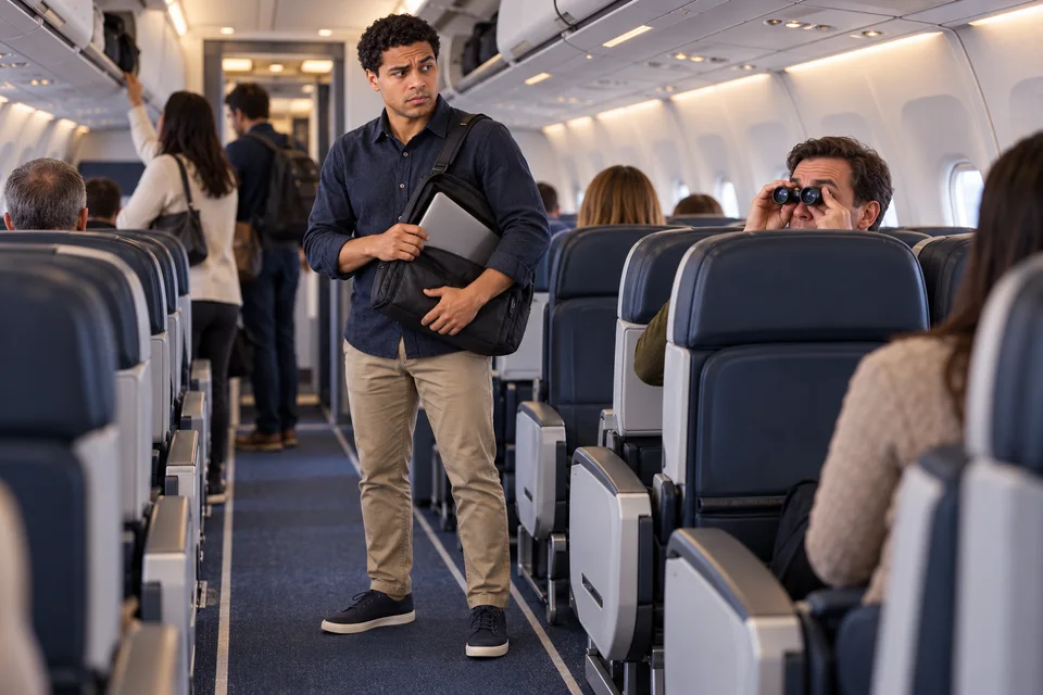Dans un avion à l’embarquement, Alex garde son portable fermé et près de lui.