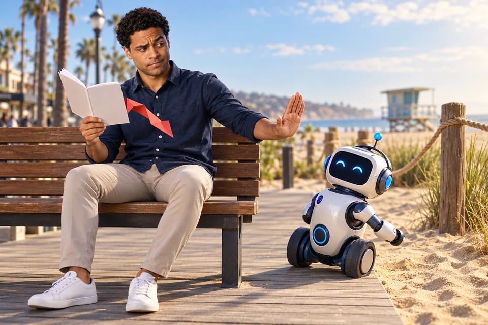 Assis sur une promenade, Alex arrête un robot qu’une flèche cachée dans un document tente de détourner.