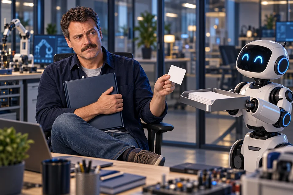 Dans un labo de robotique, Bruno conserve son dossier et ne donne qu’un exemple au robot.