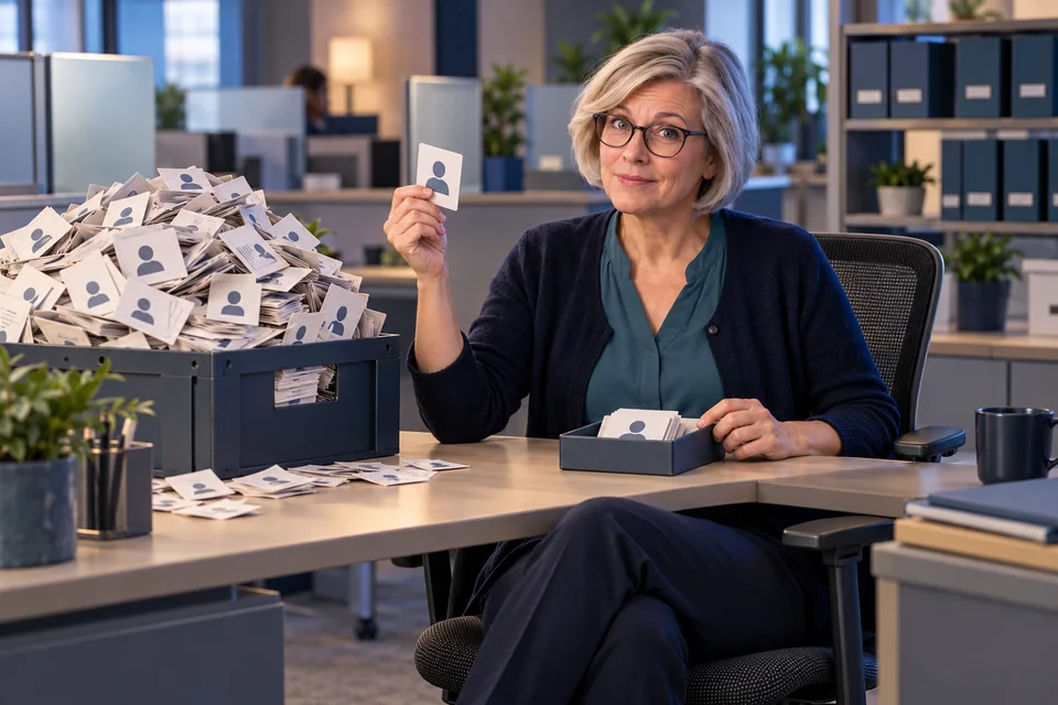 Dans un service administratif, Anna-Maria choisit une seule fiche plutôt qu’une caisse débordante.
