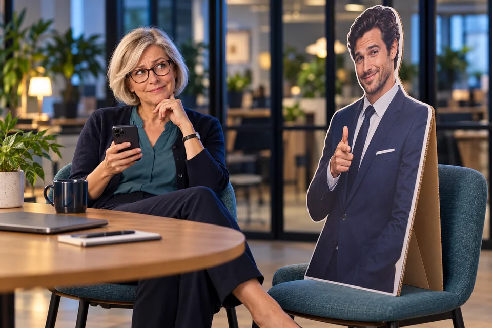 Dans un espace de coworking, Anna-Maria vérifie un profil professionnel qui n’est qu’un personnage en carton.