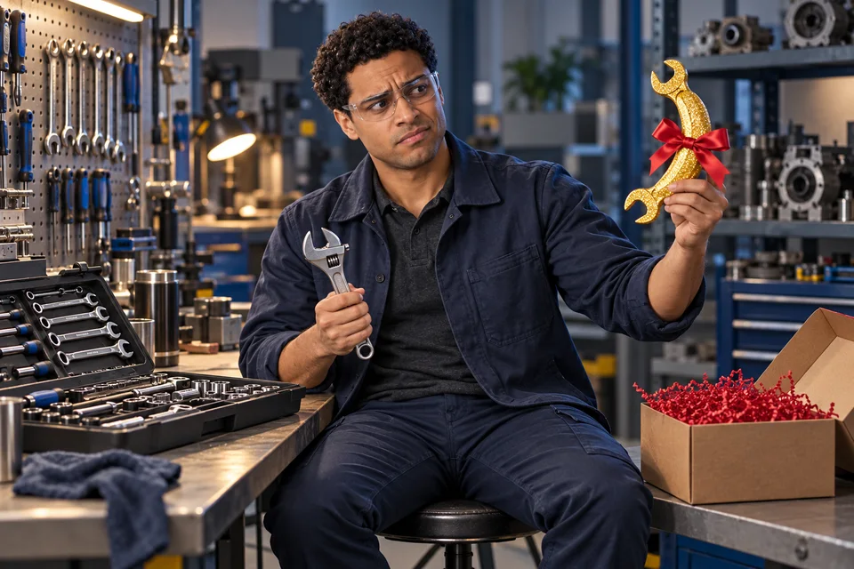 Dans un atelier d’usine, Alex choisit un outil adapté plutôt qu’une clé fantaisiste.