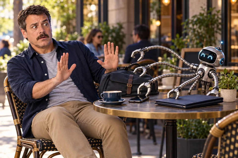 Assis en terrasse, Bruno arrête un petit gadget aux bras beaucoup trop longs.