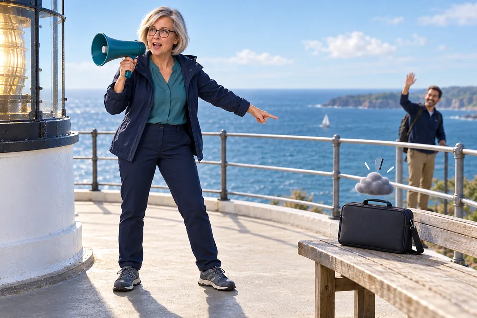 Près d’un phare, Anna-Maria signale un petit nuage au-dessus de son sac.