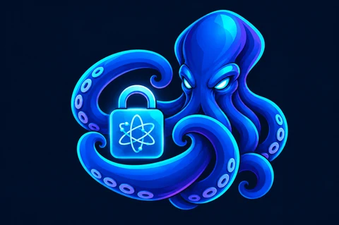 La pieuvre KrakenShield tient un cadenas marqué d’un atome : cryptographie post-quantique.