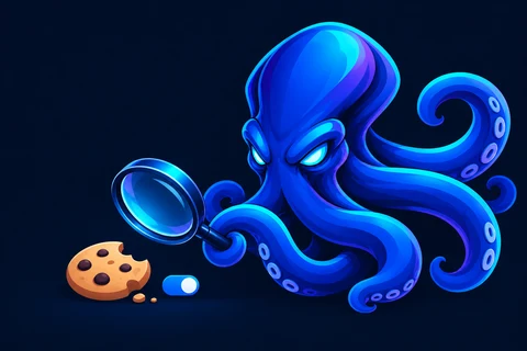 The KrakenShield octopus inspects a cookie with a magnifying glass: privacy audit.