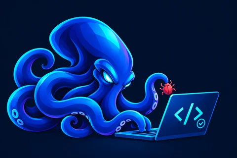 The KrakenShield octopus catches a bug on a laptop showing code: code analysis.